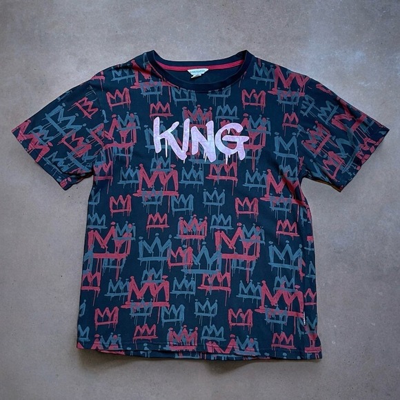 Distortion T-Shirt Mens King All Over Crown Print Black Red Gray Size M - Picture 1 of 8